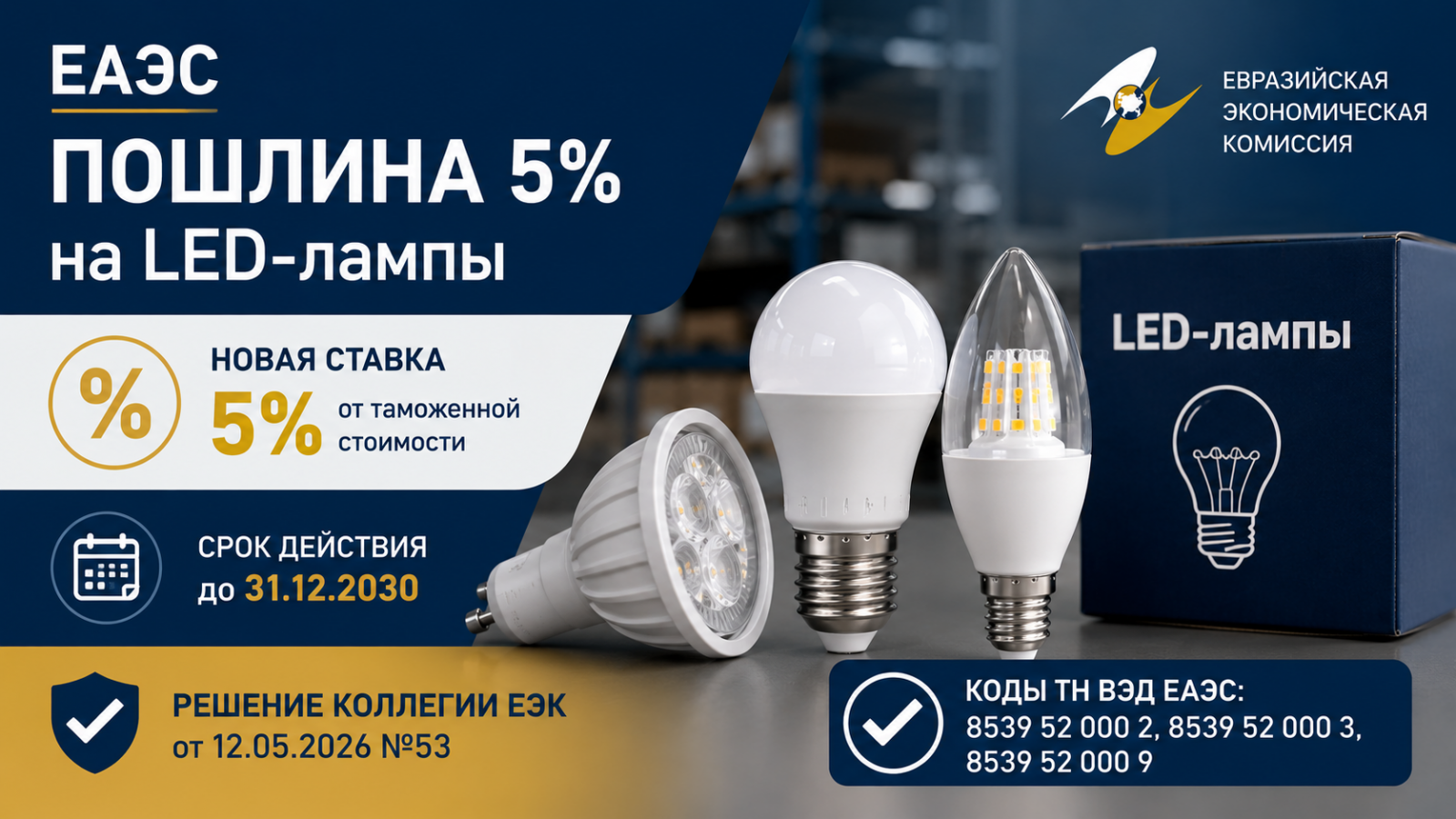 Установлены ставки пошлин на определённые LED-лампы в ЕАЭС